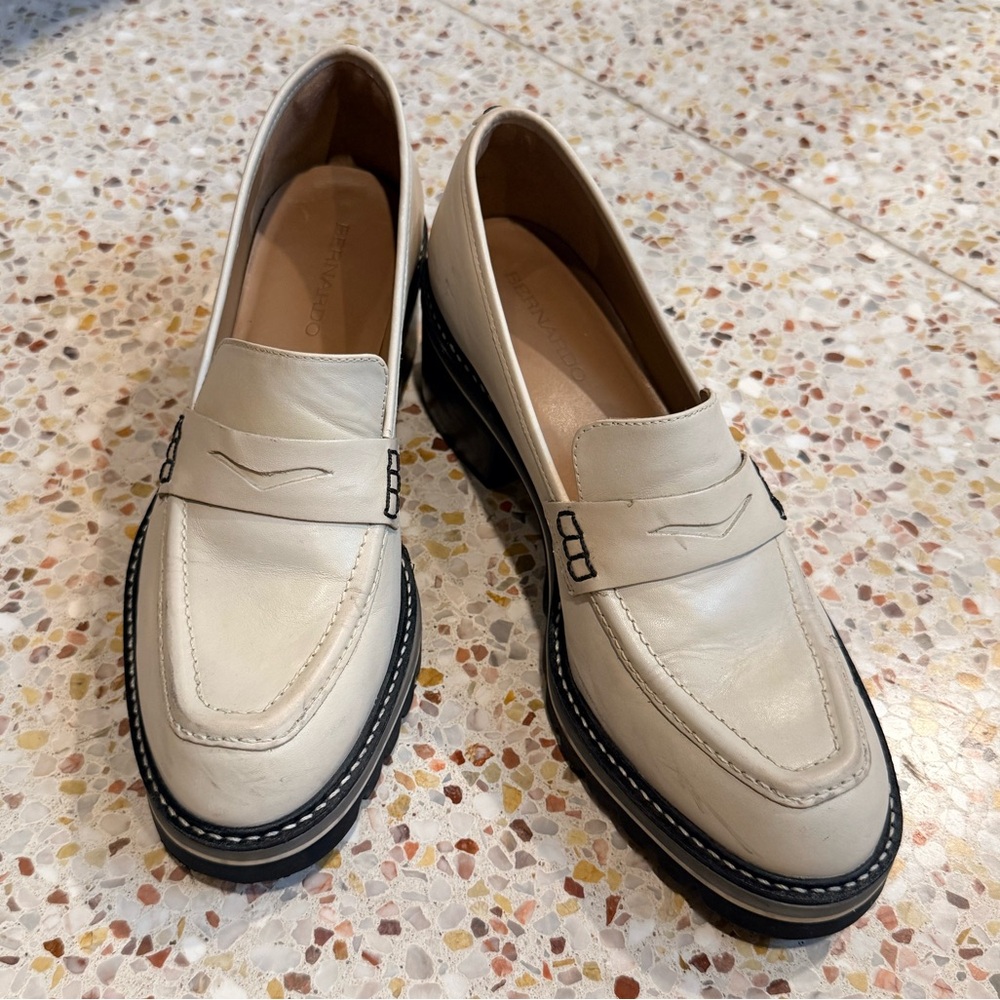 Bernardo Cream Leather Lug Sole Loafers